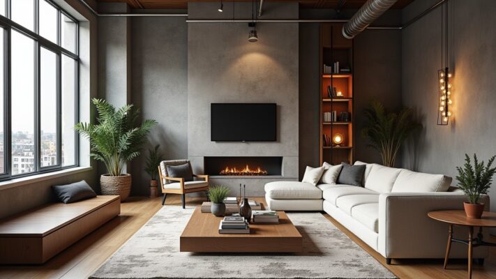 Βιομηχανικό σαλόνι με εκτεθειμένο τούβλο, δερμάτινο καναπέ και φωτιστικά τύπου Edison.